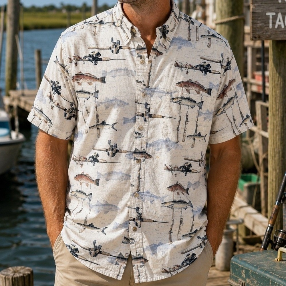 Reel Legends Fishing Shirt Men's Large Fish Rod Reel Print Button Up 100% Cotton